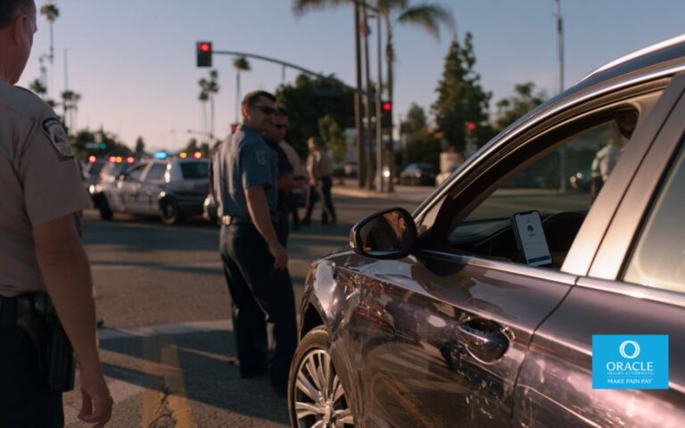 Photorealistic rideshare vehicle involved in a traffic collision at a busy Corona, California intersection, Uber-style vehicle with visible rideshare app on dashboard, emergency responders assisting passengers, realistic Southern California setting, cinematic lighting, documentary photography, ultra-detailed