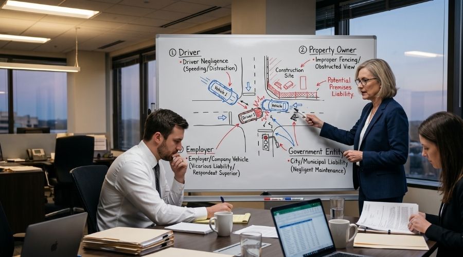 Photorealistic legal strategy meeting with accident diagrams illustrating multiple potentially liable parties including a driver, property owner, employer, and government entity, professional law office, realistic legal consultation, cinematic lighting, 8k