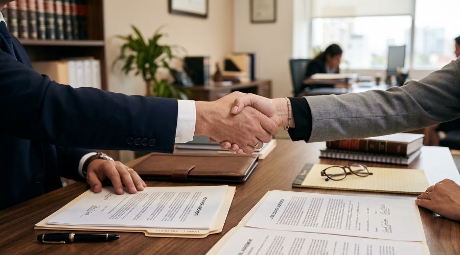 A professional handshake across a desk with legal documents visible in the foreground, soft office lighting in the background. No faces identifiable. Conveys trust and legal counsel.
