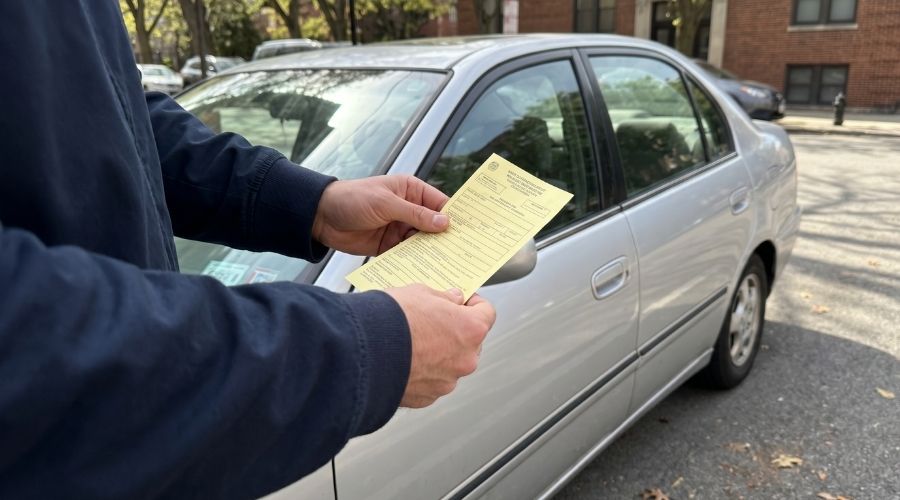 Common California Tint Law Violations and Their Consequences 3 A person holding a paper citation next to a parked car, daylight, only hands and citation visible, no face shown.