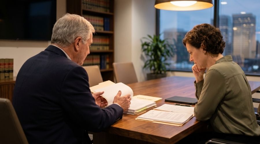  A calm, professional attorney-client consultation: two people
     seated at a conference table, documents visible, warm lighting.
     No faces clearly identifiable.