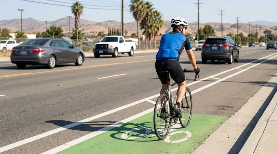 What to Do After a Bicycle Accident in Riverside County 2 A cyclist riding in a marked bike lane on a Riverside County arterial road, daylight, traffic visible in adjacent lanes. No accident depicted, no face clearly identifiable.