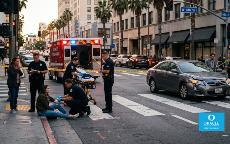 Photorealistic California pedestrian accident at a marked crosswalk, injured pedestrian receiving medical assistance while police officers investigate the scene, damaged vehicle stopped nearby, realistic urban intersection, cinematic lighting, documentary photography, ultra-detailed, 8k