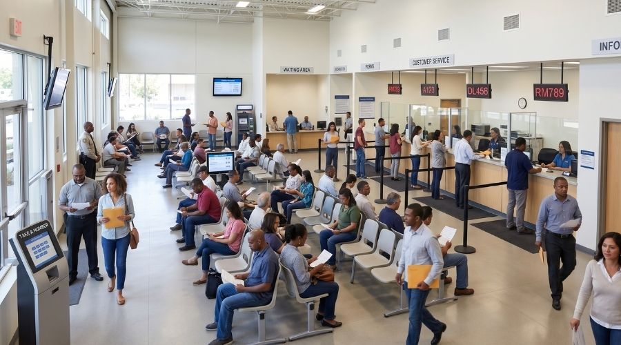 A California DMV office exterior or lobby, daytime —     representing the DMV process. Neutral, no specific signage     required