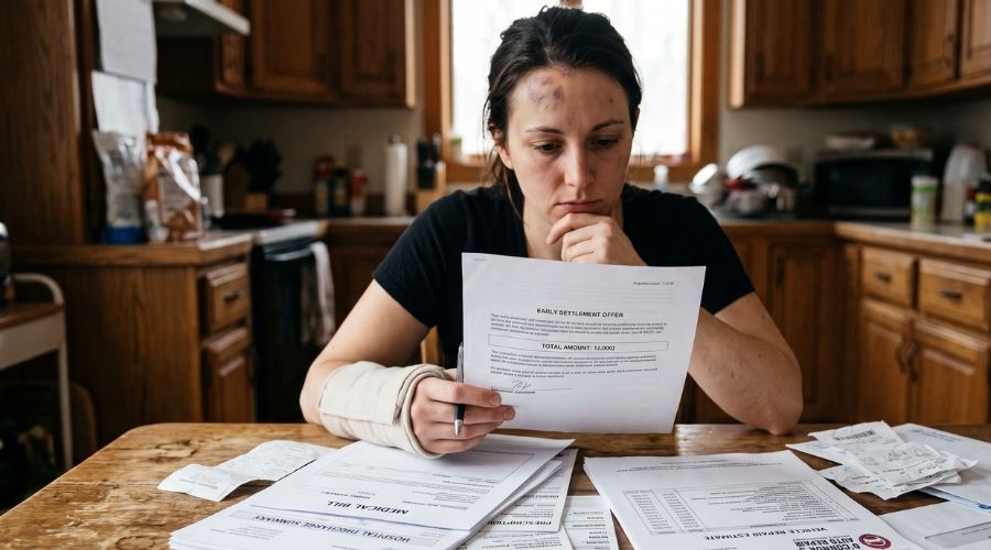 How Insurance Companies Calculate Car Accident Settlements 3 A realistic close-up of an injured accident victim sitting at a kitchen table reviewing an early insurance settlement offer while medical bills, hospital paperwork, prescription receipts, and vehicle repair estimates are spread across the table. Natural home lighting, thoughtful expression, editorial documentary photography, highly realistic.
