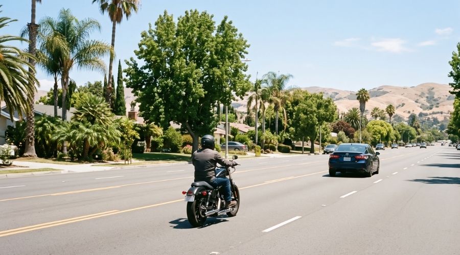 A motorcycle riding ahead of a car with visible extra spacing     between them on a sunny street, daylight. No accident shown,     no faces visible.