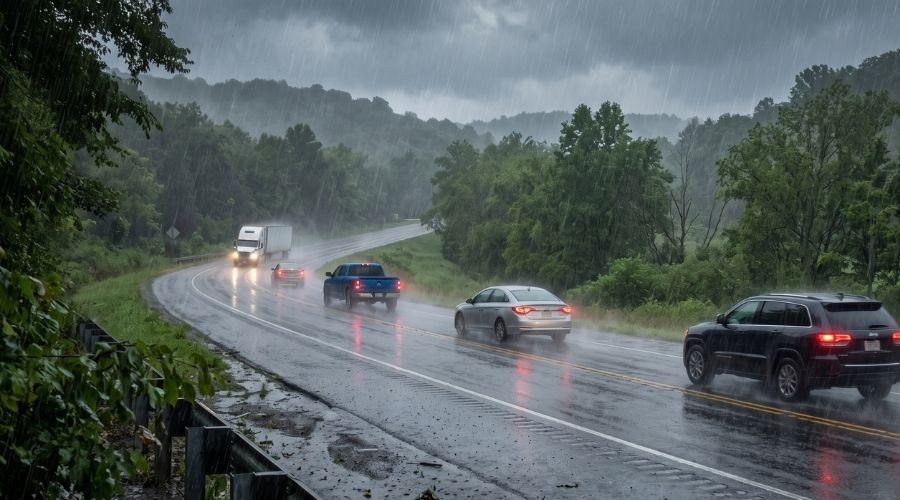A wide shot of a single-lane road in heavy rain with cars     spaced well apart, headlights on, representing weather-     adjusted following distance. No accident depicted.