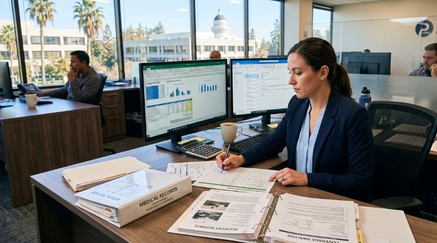 Professional insurance adjuster analyzing accident reports, medical records, and claim documents at a modern office desk, illustrating the settlement evaluation process, realistic corporate environment, photorealistic, highly detailed, 8k