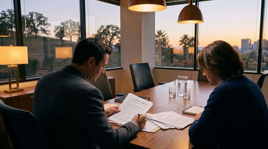 A calm attorney-client consultation: two people seated at a     conference table reviewing documents. Warm office lighting,     no faces clearly identifiable.