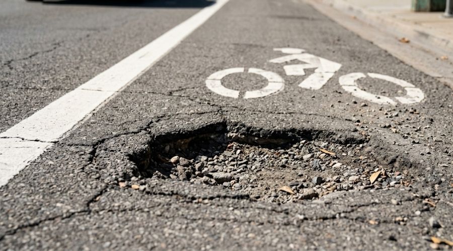 What to Do After a Bicycle Accident in Riverside County 1 A close-up of a cracked or pothole-damaged bike lane on a California street, daylight, bike lane markings visible. Represents road defect / government liability angle.