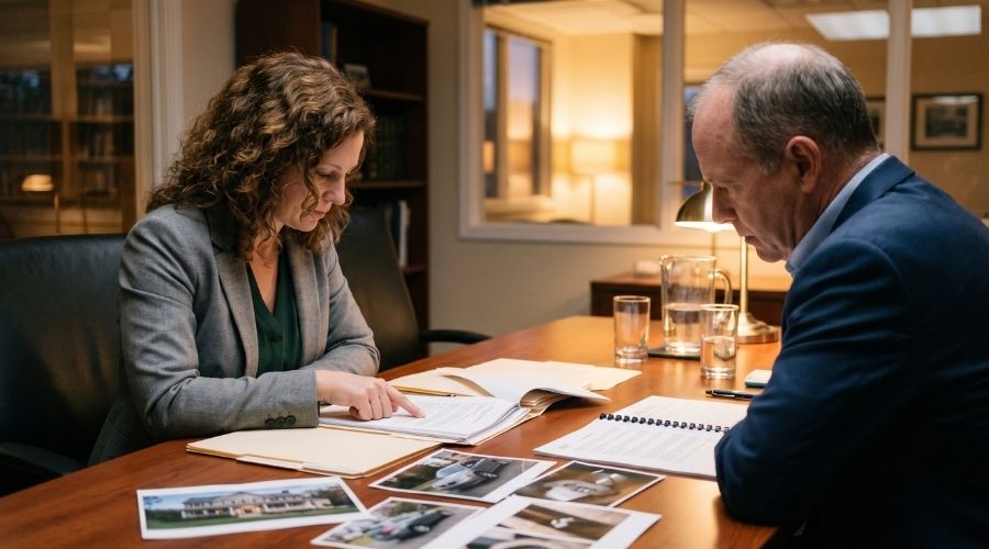 A calm attorney-client consultation: two people at a
     conference table reviewing documents and photos. Warm office
     lighting, no faces clearly identifiable.