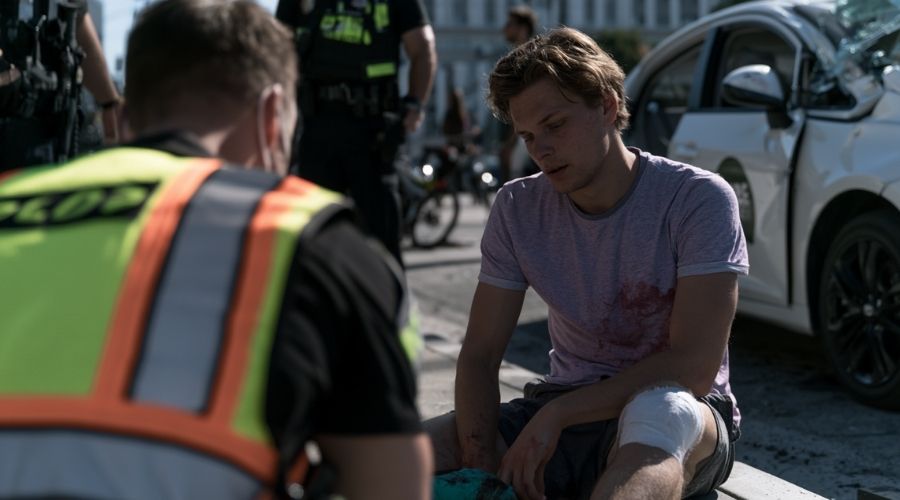 Pasajero de un servicio de transporte compartido herido y realista sentado en la acera tras un accidente de coche, recibiendo atención médica mientras el vehículo permanece dañado cerca. Respuesta de emergencia profesional. Fotorrealista y con gran nivel de detalle.