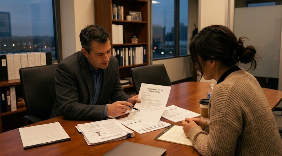 Bicycle Accident Claims: What Cyclists in California Need to Know About Compensation 3 A calm attorney-client consultation: two people at a conference table reviewing a settlement offer letter and medical documents. Warm office lighting, no faces clearly identifiable