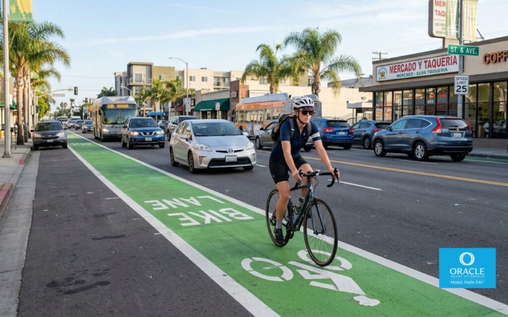 Un ciclista circula por un carril bici claramente señalizado en una calle urbana de California, a plena luz del día, con tráfico moderado visible en los carriles adyacentes. No se observa ningún accidente ni se identifica claramente ningún rostro. Representa la perspectiva de las reclamaciones de ciclistas a nivel estatal.