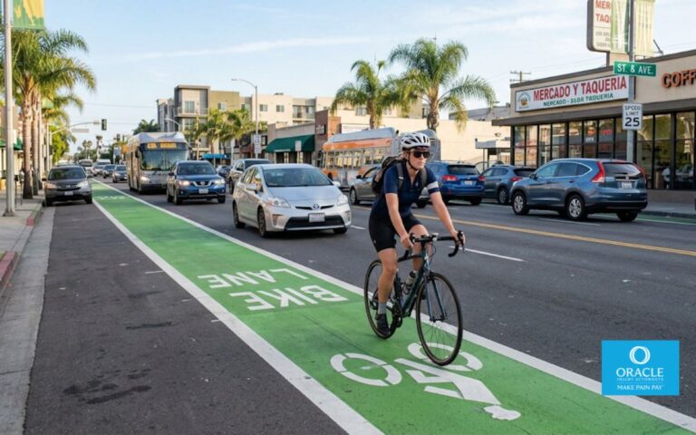 A cyclist riding in a clearly marked bike lane on a California urban street, daylight, moderate traffic visible in adjacent lanes. No accident depicted, no face clearly identifiable. Represents the statewide cyclist claims angle.