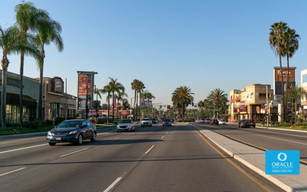 A wide shot of Beach Boulevard in Buena Park, daylight, showing the six-lane width and entertainment venue signage visible on both sides (Knott's Berry Farm area). Moderate traffic, no accident depicted, no faces clearly visible.