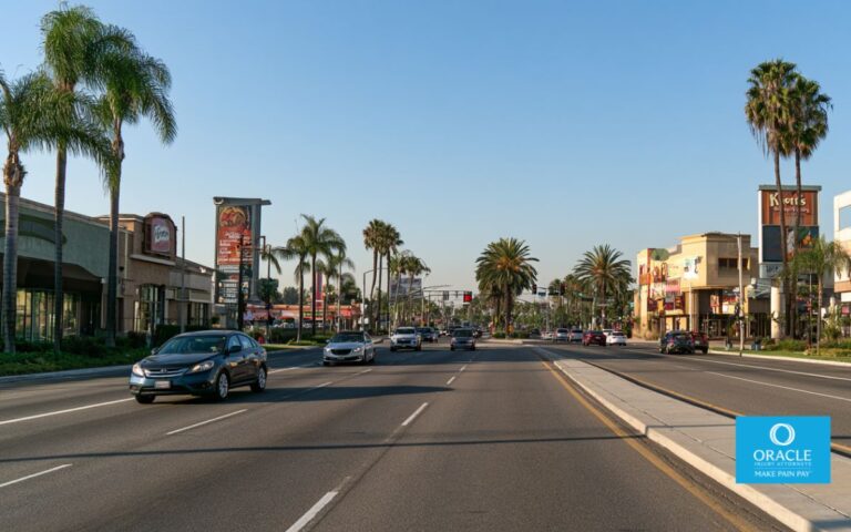 A wide shot of Beach Boulevard in Buena Park, daylight, showing the six-lane width and entertainment venue signage visible on both sides (Knott's Berry Farm area). Moderate traffic, no accident depicted, no faces clearly visible.