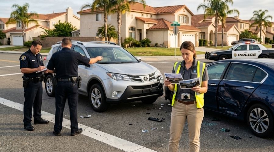Who Is Liable When an Unlicensed Driver Causes a Crash? 2 Two damaged vehicles after a California intersection collision with investigators analyzing both cars equally, insurance adjuster reviewing photographs while police discuss the scene, balanced composition representing shared responsibility, realistic suburban California environment, documentary photography, ultra realistic, natural light, professional legal illustration style,