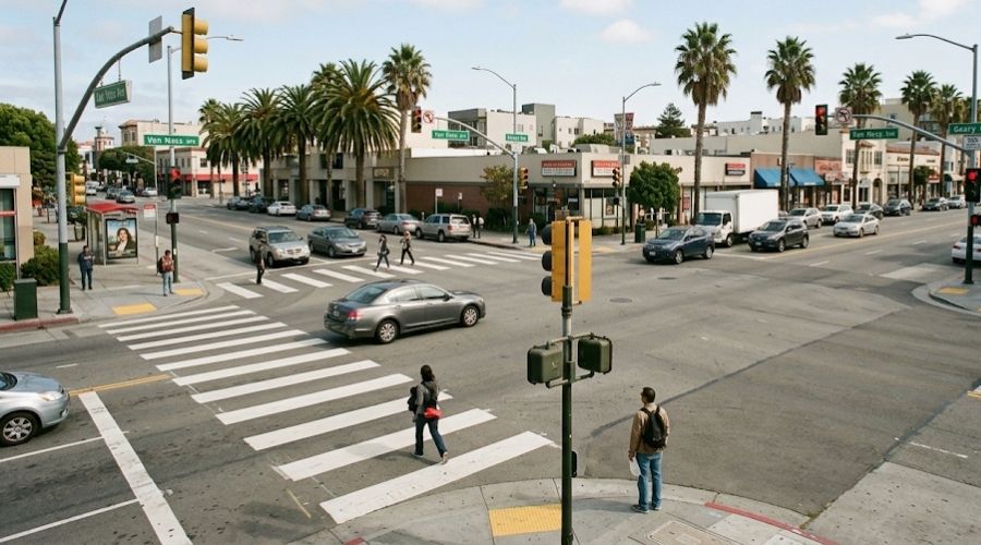A wide shot of an intersection showing both painted and
     unmarked curb areas, daylight, representing the concept of
     marked vs. unmarked crosswalk protection. No accident