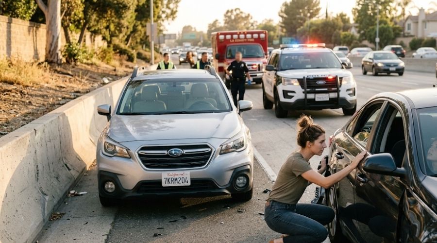 What to Do in the First 24 Hours After a Car Accident in California 1 A realistic California traffic accident where a driver checks on another occupant while emergency services are arriving, hazard lights flashing, vehicles safely pulled to the shoulder, concerned but calm expressions, suburban roadway, cinematic natural lighting, highly detailed, photojournalistic style, no blood or graphic injuries.
