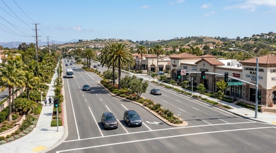 Laguna Niguel Personal Injury Lawyer: What Happens After an Accident on the 73 3 A street-level shot of a wide South Orange County residential arterial — clean sidewalks, low-rise commercial buildings, traffic signal visible at a nearby intersection, daylight. No accident, no faces clearly visible. Represents Crown Valley Parkway or La Paz Road in the Laguna Niguel corridor.