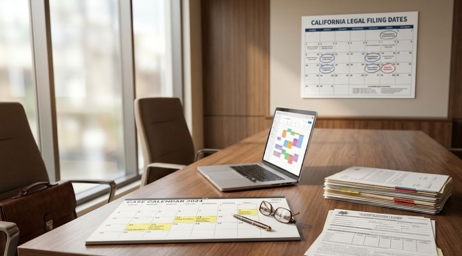 Ultra-realistic editorial photograph inside a modern California personal injury law office, showing a clean wooden conference table with a printed wall calendar displaying important legal filing dates, a desk planner opened to highlighted deadlines, a California Highway Patrol traffic collision report, neatly organized legal documents, a pen, reading glasses, and a laptop showing a case management calendar (no readable client information). Soft natural window light, warm professional atmosphere, shallow depth of field, premium legal website photography, photorealistic, DSLR quality, highly detailed textures, conveying urgency and organization without drama or intimidation.