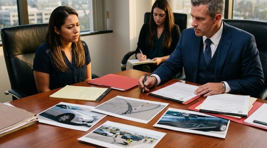 A realistic courtroom-inspired legal consultation where a personal injury lawyer analyzes accident scene photos, witness statements, and police reports on a conference table to determine liability after a crash involving an unlicensed driver. Professional environment, cinematic editorial photography, ultra-realistic, no branding or text.