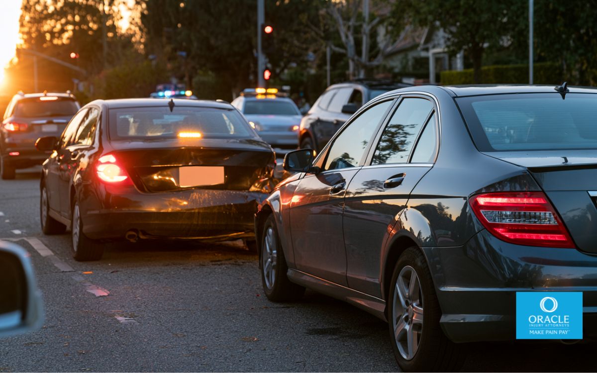 Dos coches con daños menores por colisión trasera se detuvieron en una calle suburbana de California, a plena luz del día y con las luces de emergencia encendidas. No se aprecian lesiones graves ni rostros claramente visibles. Esto representa el escenario de daños menores, pero con potencial de lesiones graves, que es el tema central de esta publicación.