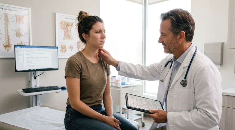 What to Do in the First 24 Hours After a Car Accident in California 2 A patient being examined by a physician in a modern medical clinic after a car accident, doctor checking neck mobility while reviewing medical notes, clean healthcare environment, reassuring atmosphere, realistic medical photography, natural lighting.
