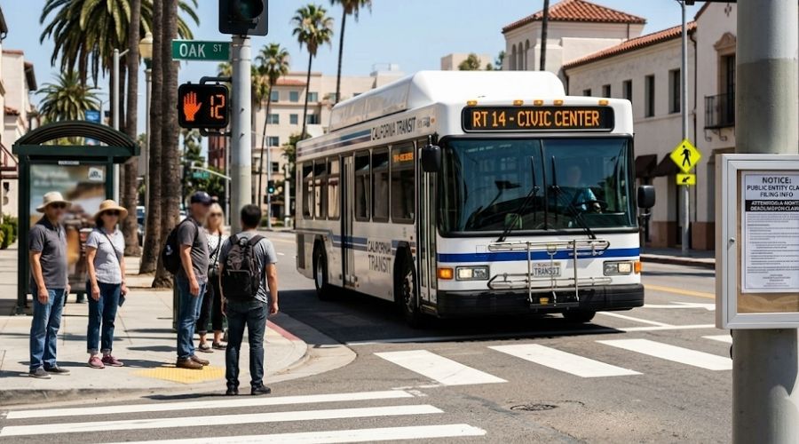 A city bus stopped at a crosswalk on a California street, daylight, pedestrian signal visible. No accident depicted, no faces clearly identifiable. Represents the government entity claim angle and the six-month deadline context.