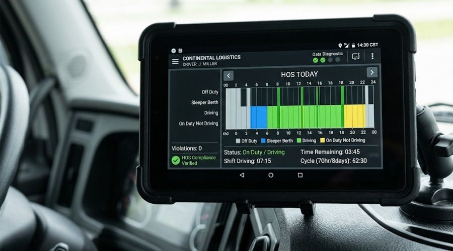 Truck Accident Claims: Why They're More Complex Than a Standard Car Crash 2 A close-up of an electronic logging device (ELD) screen
mounted in a truck cab dashboard, showing a digital hours
log display. No driver visible, no faces. Represents
HOS compliance evidence in truck accident claims.
