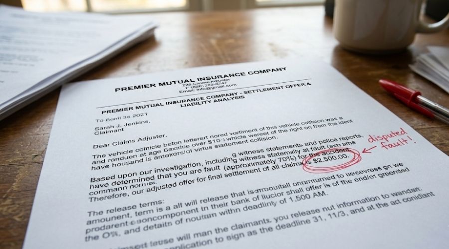 Comparative Negligence in California: How Being Partly at Fault Affects Your Payout 2 A close-up of a printed settlement offer letter on a desk, with a red pen circling a low dollar amount and a handwritten note beside it reading "disputed fault." No faces, neutral lighting. Represents the insurer tactic of inflating fault to reduce the offer.