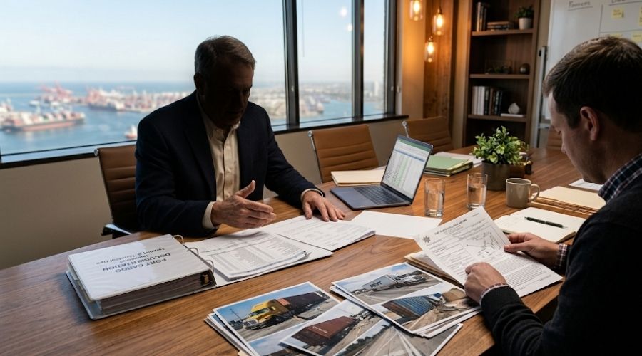 A calm attorney-client consultation: two people at a
     conference table reviewing port cargo documentation,
     a CHP report, and truck photos. Warm office lighting,
     no faces clearly identifiable.