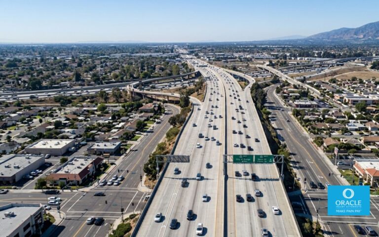 A wide aerial shot of the 22 Freeway running east-west through the city of Orange, daylight, moderate traffic visible on the freeway and surface streets below. No accident depicted. Represents the local geography and commuter corridor context.