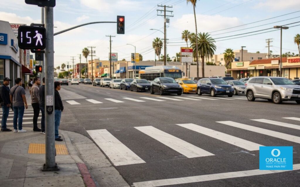 A marked crosswalk on a busy California intersection, daylight, pedestrian signal visible showing "WALK," no people mid-crossing. Represents crosswalk right-of-way.