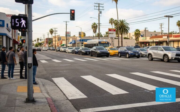 A marked crosswalk on a busy California intersection, daylight, pedestrian signal visible showing "WALK," no people mid-crossing. Represents crosswalk right-of-way.