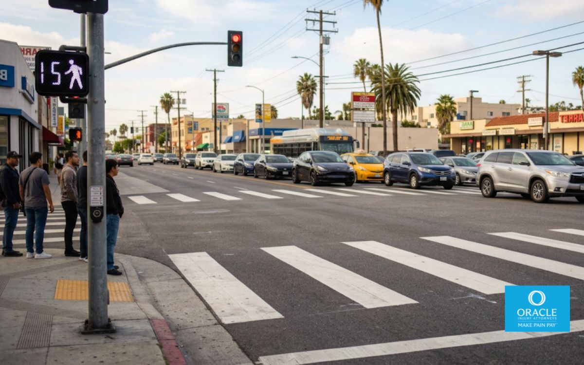 A marked crosswalk on a busy California intersection, daylight, pedestrian signal visible showing "WALK," no people mid-crossing. Represents crosswalk right-of-way.