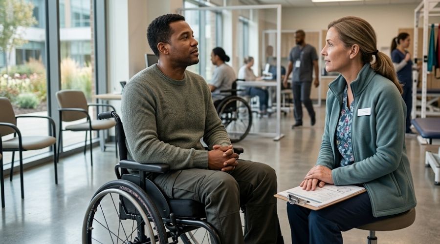 What Is My Case Really Worth? How Injury Settlements Are Calculated 2 Adult using a wheelchair speaking with a rehabilitation specialist inside a modern medical facility, hopeful yet realistic atmosphere, professional healthcare environment, ultra realistic photography, high detail, no text.