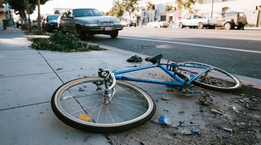 Bicycle Accident Claims: What Cyclists in California Need to Know About Compensation 2 A damaged bicycle lying on the ground near a California street, daylight — bent wheel, scratched frame visible. No graphic injuries, no faces. Represents property damage component of the claim.