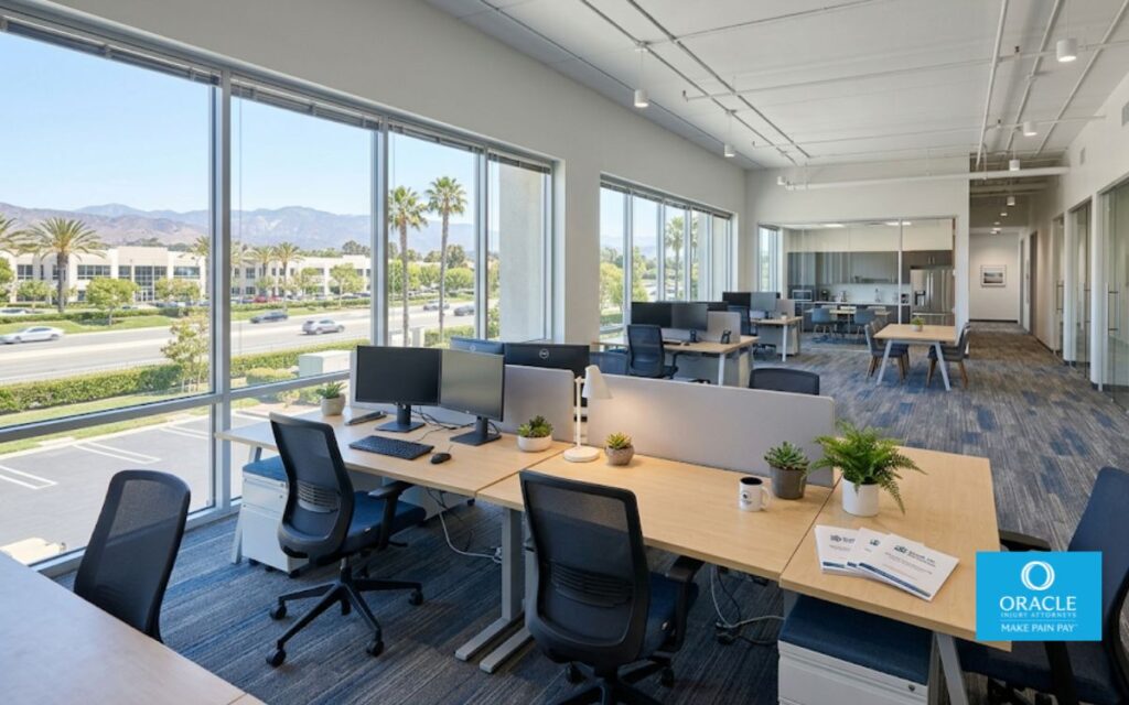 A wide shot of a clean, modern office or professional workspace in a South Orange County business park setting, daylight, neutral professional tone. No people, no accident depicted. Represents the Rancho Santa Margarita professional services work environment where many workers' comp claims originate