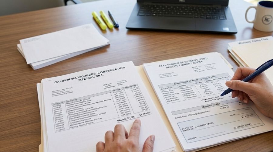 Rancho Santa Margarita Workers' Compensation: Getting Injured Employees the Care They Need 2 A person reviewing a medical bill and an explanation of
benefits document side by side at a desk, only hands
visible, soft indoor lighting. Represents the medical
and wage replacement benefit components of a workers'
comp claim.