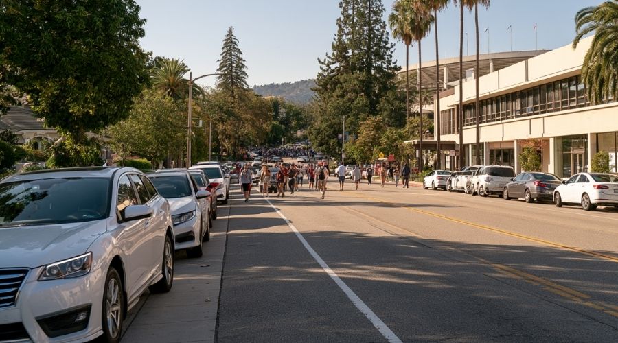 Pasadena Car Accident Attorney: Navigating a Claim in LA County 3 A wide street-level shot of a Pasadena residential or
commercial street lined with parked cars and pedestrians
walking toward an event, representing post-event congestion
near the Rose Bowl. Daylight, no faces clearly visible,
no identifiable stadium branding.