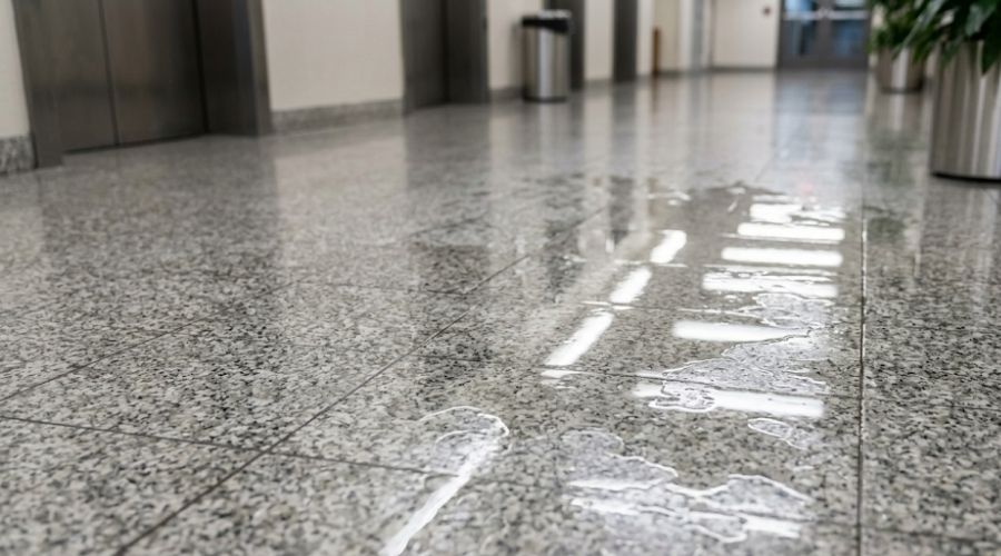 Slip and Fall Claims: Proving Property Owner Negligence in California 2 A close-up of a wet, unmarked floor in a commercial space — no warning cone present, indoor lighting reflecting off the surface, representing an unreported hazard. No people, no faces. Illustrates the negligence element directly.