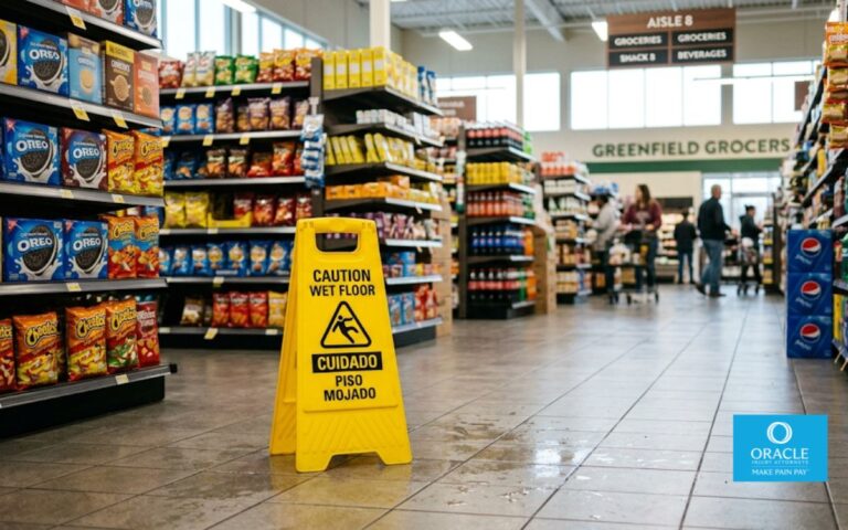A wet floor warning sign standing in a grocery store aisle, with a slightly blurred store background, daylight-style indoor lighting. No people mid-fall, no graphic injuries. Represents the premises liability hazard concept.