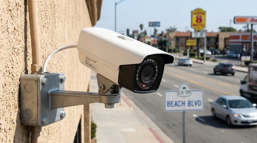 Buena Park Car Accident Claims: Steps to Protect Your Case 3 A close-up of a commercial security camera mounted on
a building exterior along a commercial strip, daylight,
representing the surveillance footage along Beach
Boulevard that must be preserved quickly after a crash.