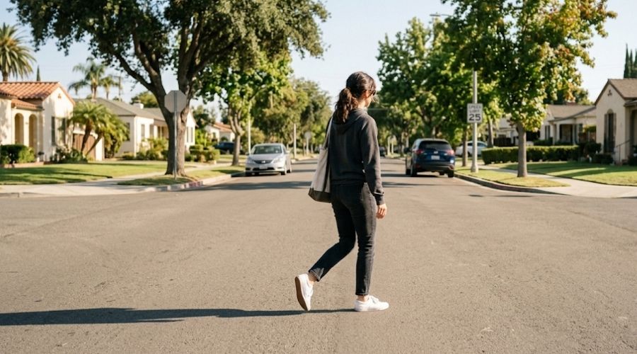 A person mid-crossing on a quiet California mid-block street, not at a crosswalk, daylight, light traffic visible at a distance. Back or side view only, no face visible. Represents safe jaywalking under AB 2147.