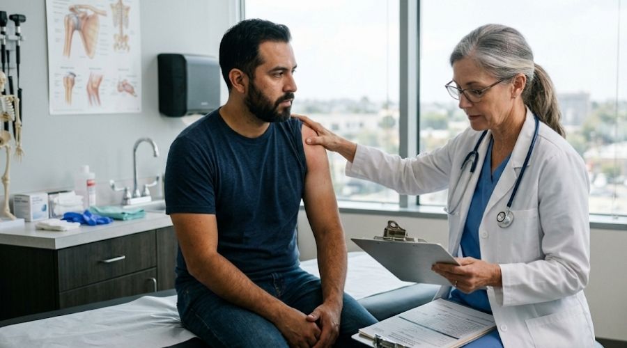 A realistic Independent Medical Exam (IME) in California taking place in a modern, neutral medical examination room. A professional physician wearing a white lab coat carefully evaluates an injured worker with a shoulder injury, reviewing medical records on a clipboard while performing a clinical physical examination. The patient appears attentive but slightly concerned, seated on an examination table with a California workers' compensation case file visible (no readable text). The setting conveys impartiality and professionalism rather than treatment. Clean medical equipment, anatomical charts, soft natural lighting through large windows, documentary photography, highly detailed skin textures, authentic hospital environment, photorealistic, 35mm lens, shallow depth of field, cinematic composition, ultra-realistic,