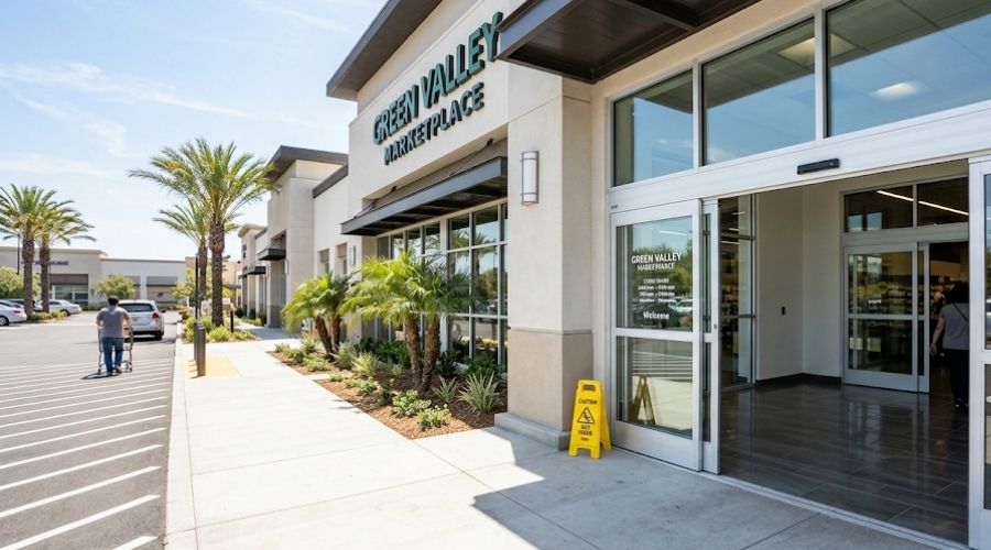 Slip and Fall Claims: Proving Property Owner Negligence in California 1 A wide shot of the entrance to a California commercial building — a grocery store, shopping center, or office lobby — with clean flooring visible, daylight, professional tone. No accident depicted, no faces visible. Represents the premises liability setting and property owner duty concept.