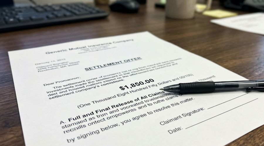 Primer plano de un cheque de indemnización o carta de oferta sobre un escritorio, con una cantidad baja visible y un bolígrafo sin firmar a su lado. No se ven rostros. Representa la oferta rápida y baja que hacen las aseguradoras antes de comprender completamente las lesiones.