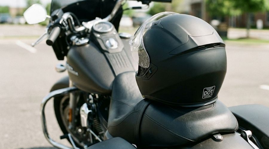 A close-up of a DOT-approved motorcycle helmet resting on
     the seat of a parked bike, daylight, clean composition.
     Represents the helmet law and safety angle.